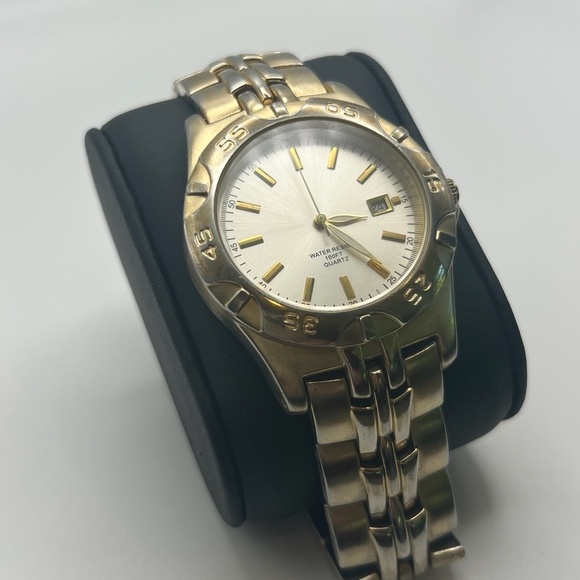 Water Resistant Mens Watch Two Tone Metal Link Bracelet Watch Working - Picture 2 of 7